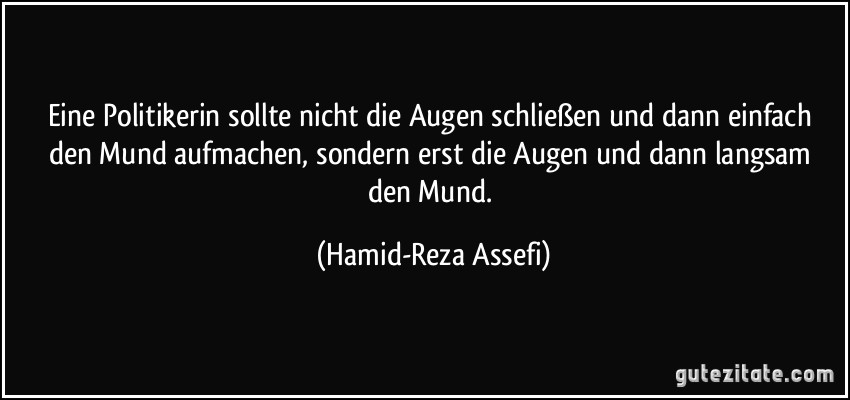 Eine Politikerin sollte nicht die Augen schließen und dann einfach den Mund aufmachen, sondern erst die Augen und dann langsam den Mund. (Hamid-Reza Assefi)