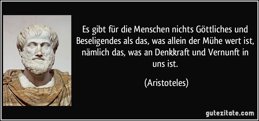 Es gibt für die Menschen nichts Göttliches und Beseligendes als das, was allein der Mühe wert ist, nämlich das, was an Denkkraft und Vernunft in uns ist. (Aristoteles)