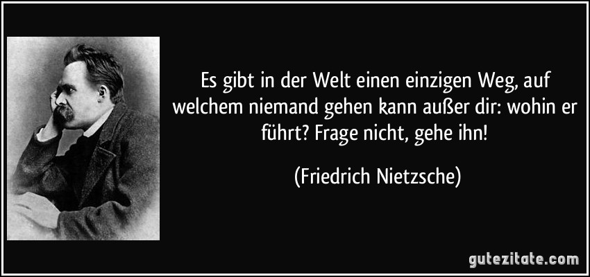 Es gibt in der Welt einen einzigen Weg, auf welchem niemand gehen kann außer dir: wohin er führt? Frage nicht, gehe ihn! (Friedrich Nietzsche)