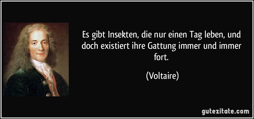 Es gibt Insekten, die nur einen Tag leben, und doch existiert ihre Gattung immer und immer fort. (Voltaire)