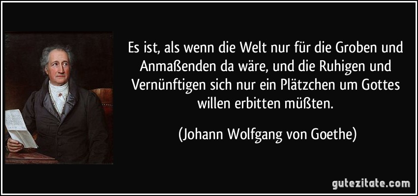 Es ist, als wenn die Welt nur für die Groben und Anmaßenden da wäre, und die Ruhigen und Vernünftigen sich nur ein Plätzchen um Gottes willen erbitten müßten. (Johann Wolfgang von Goethe)