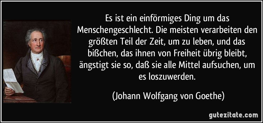 Es ist ein einförmiges Ding um das Menschengeschlecht. Die meisten verarbeiten den größten Teil der Zeit, um zu leben, und das bißchen, das ihnen von Freiheit übrig bleibt, ängstigt sie so, daß sie alle Mittel aufsuchen, um es loszuwerden. (Johann Wolfgang von Goethe)