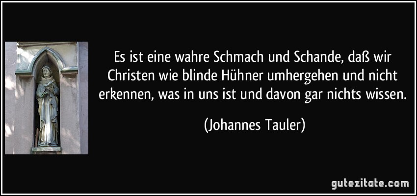 Es ist eine wahre Schmach und Schande, daß wir Christen wie blinde Hühner umhergehen und nicht erkennen, was in uns ist und davon gar nichts wissen. (Johannes Tauler)