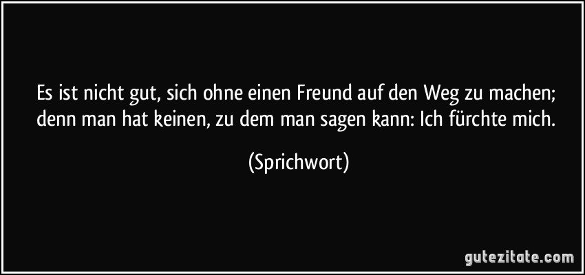 Es ist nicht gut, sich ohne einen Freund auf den Weg zu machen; denn man hat keinen, zu dem man sagen kann: Ich fürchte mich. (Sprichwort)