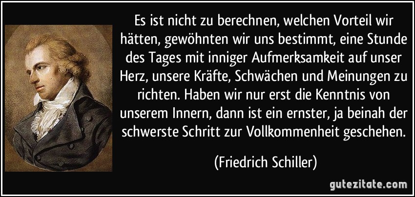 Es ist nicht zu berechnen, welchen Vorteil wir hätten, gewöhnten wir uns bestimmt, eine Stunde des Tages mit inniger Aufmerksamkeit auf unser Herz, unsere Kräfte, Schwächen und Meinungen zu richten. Haben wir nur erst die Kenntnis von unserem Innern, dann ist ein ernster, ja beinah der schwerste Schritt zur Vollkommenheit geschehen. (Friedrich Schiller)
