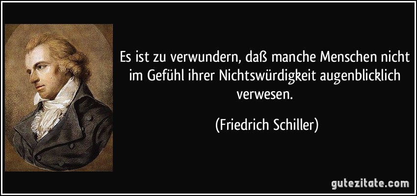 Es ist zu verwundern, daß manche Menschen nicht im Gefühl ihrer Nichtswürdigkeit augenblicklich verwesen. (Friedrich Schiller)