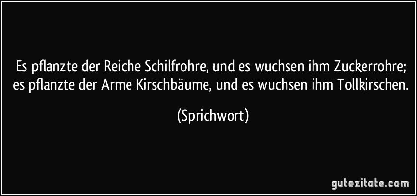 Es pflanzte der Reiche Schilfrohre, und es wuchsen ihm Zuckerrohre; es pflanzte der Arme Kirschbäume, und es wuchsen ihm Tollkirschen. (Sprichwort)