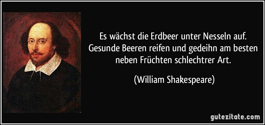 Es wächst die Erdbeer unter Nesseln auf. Gesunde Beeren reifen und gedeihn am besten neben Früchten schlechtrer Art. (William Shakespeare)