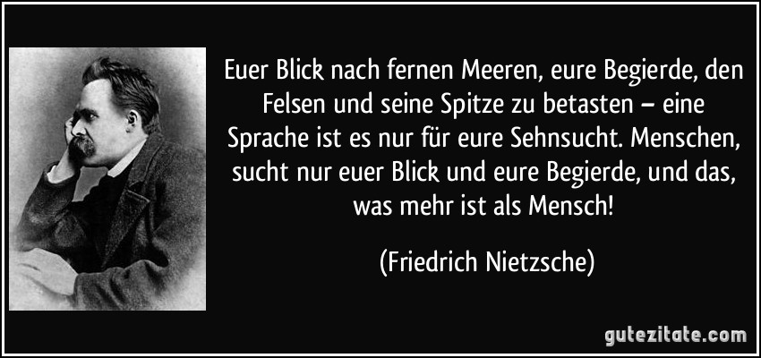Euer Blick nach fernen Meeren, eure Begierde, den Felsen und seine Spitze zu betasten – eine Sprache ist es nur für eure Sehnsucht. Menschen, sucht nur euer Blick und eure Begierde, und das, was mehr ist als Mensch! (Friedrich Nietzsche)