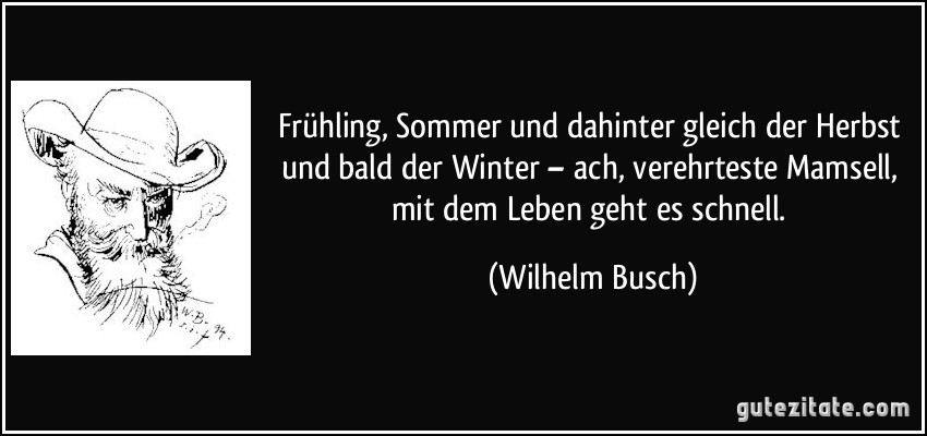 Frühling, Sommer und dahinter gleich der Herbst und bald der Winter – ach, verehrteste Mamsell, mit dem Leben geht es schnell. (Wilhelm Busch)
