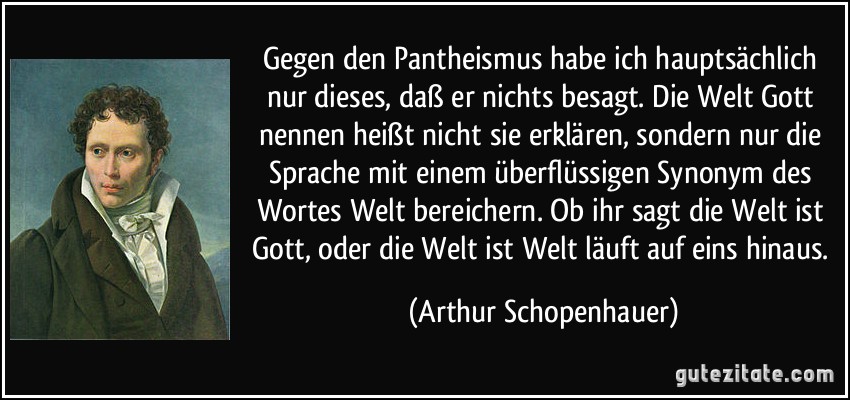 Gegen den Pantheismus habe ich hauptsächlich nur dieses, daß er nichts besagt. Die Welt Gott nennen heißt nicht sie erklären, sondern nur die Sprache mit einem überflüssigen Synonym des Wortes Welt bereichern. Ob ihr sagt die Welt ist Gott, oder die Welt ist Welt läuft auf eins hinaus. (Arthur Schopenhauer)