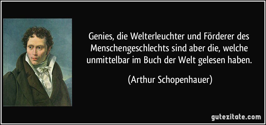 Genies, die Welterleuchter und Förderer des Menschengeschlechts sind aber die, welche unmittelbar im Buch der Welt gelesen haben. (Arthur Schopenhauer)