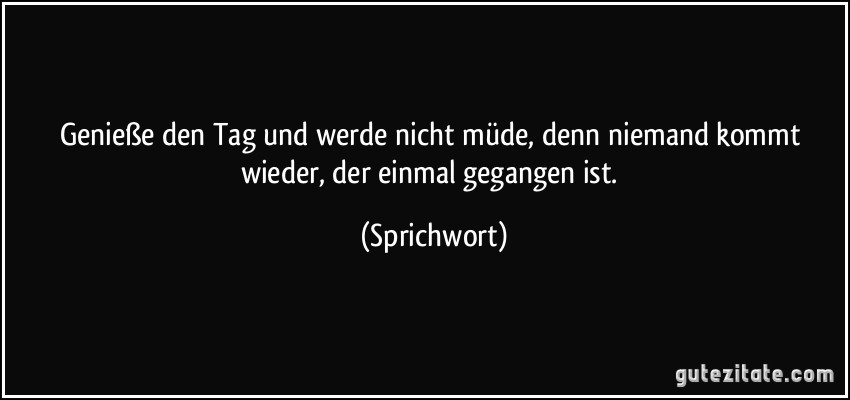 Genieße den Tag und werde nicht müde, denn niemand kommt wieder, der einmal gegangen ist. (Sprichwort)