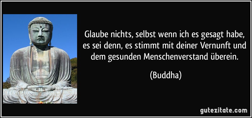 Glaube nichts, selbst wenn ich es gesagt habe, es sei denn, es stimmt mit deiner Vernunft und dem gesunden Menschenverstand überein. (Buddha)