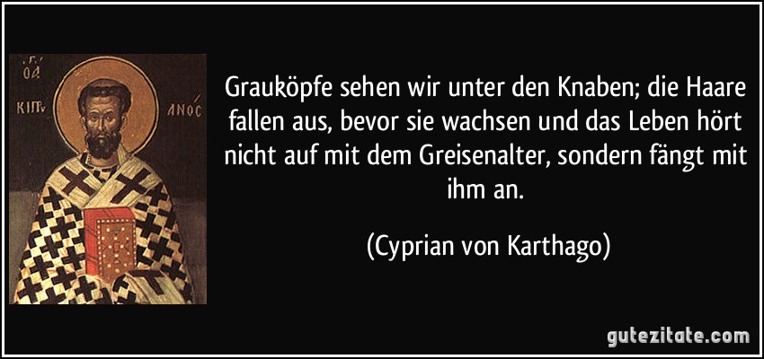 Grauköpfe sehen wir unter den Knaben; die Haare fallen aus, bevor sie wachsen und das Leben hört nicht auf mit dem Greisenalter, sondern fängt mit ihm an. (Cyprian von Karthago)