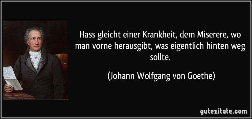 Hass gleicht einer Krankheit, dem Miserere, wo man vorne herausgibt, was eigentlich hinten weg sollte. (Johann Wolfgang von Goethe)