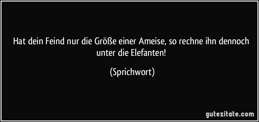 Hat dein Feind nur die Größe einer Ameise, so rechne ihn dennoch unter die Elefanten! (Sprichwort)