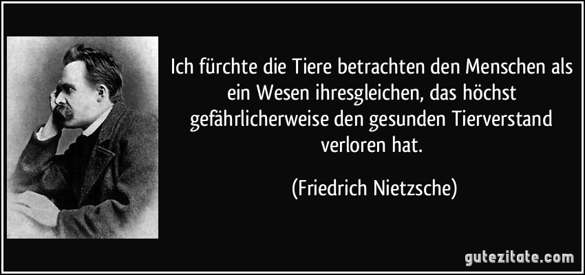 Ich fürchte die Tiere betrachten den Menschen als ein Wesen ihresgleichen, das höchst gefährlicherweise den gesunden Tierverstand verloren hat. (Friedrich Nietzsche)