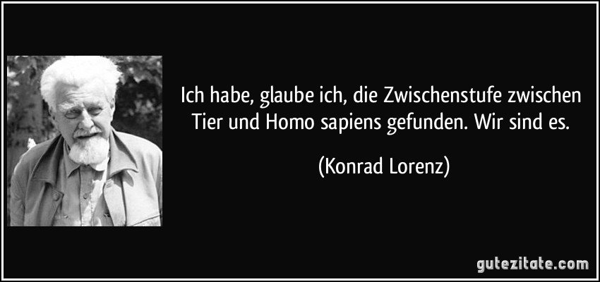 Ich habe, glaube ich, die Zwischenstufe zwischen Tier und Homo sapiens gefunden. Wir sind es. (Konrad Lorenz)