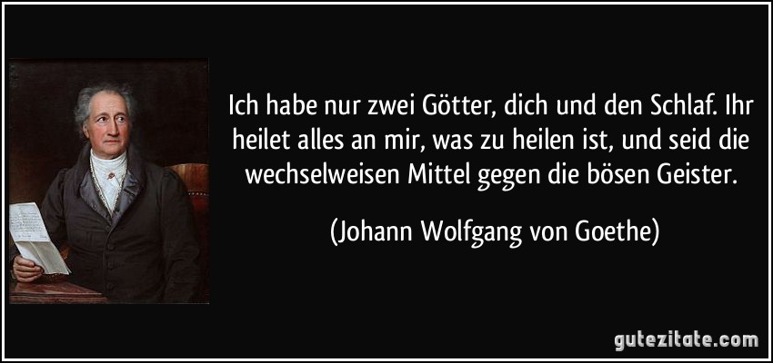 Ich habe nur zwei Götter, dich und den Schlaf. Ihr heilet alles an mir, was zu heilen ist, und seid die wechselweisen Mittel gegen die bösen Geister. (Johann Wolfgang von Goethe)