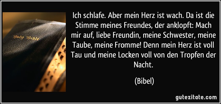 Ich schlafe. Aber mein Herz ist wach. Da ist die Stimme meines Freundes, der anklopft: Mach mir auf, liebe Freundin, meine Schwester, meine Taube, meine Fromme! Denn mein Herz ist voll Tau und meine Locken voll von den Tropfen der Nacht. (Bibel)