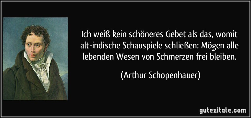 Ich weiß kein schöneres Gebet als das, womit alt-indische Schauspiele schließen: Mögen alle lebenden Wesen von Schmerzen frei bleiben. (Arthur Schopenhauer)