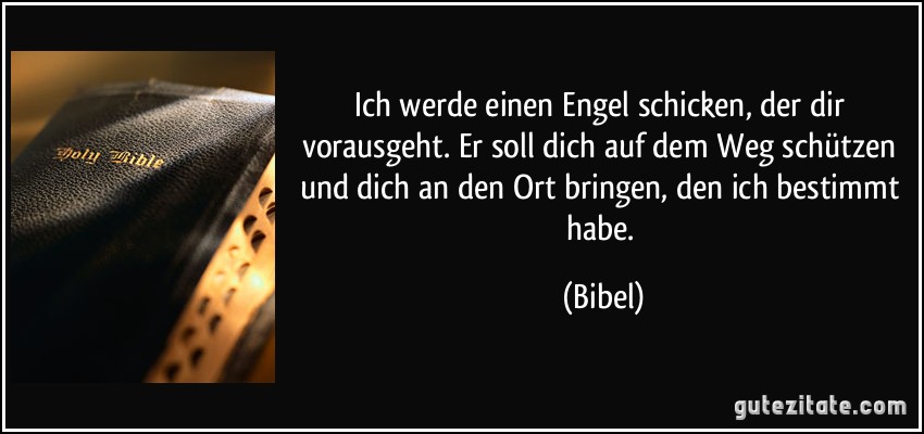 Ich werde einen Engel schicken, der dir vorausgeht. Er soll dich auf dem Weg schützen und dich an den Ort bringen, den ich bestimmt habe. (Bibel)