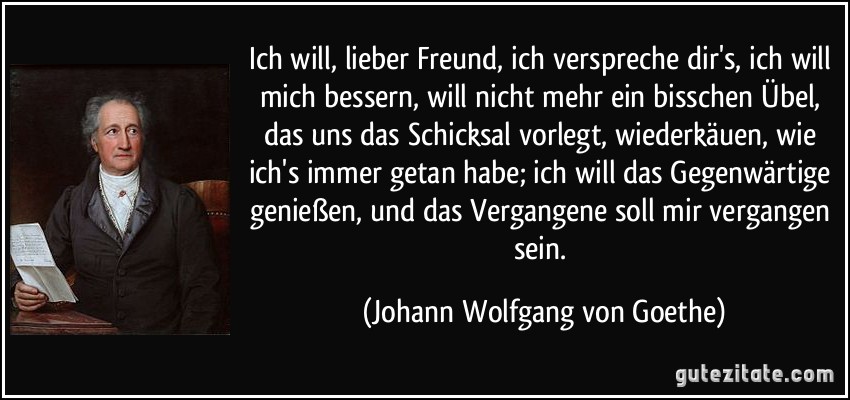 Ich will, lieber Freund, ich verspreche dir's, ich will mich bessern, will nicht mehr ein bisschen Übel, das uns das Schicksal vorlegt, wiederkäuen, wie ich's immer getan habe; ich will das Gegenwärtige genießen, und das Vergangene soll mir vergangen sein. (Johann Wolfgang von Goethe)