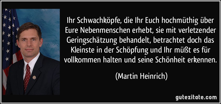 Ihr Schwachköpfe, die Ihr Euch hochmüthig über Eure Nebenmenschen erhebt, sie mit verletzender Geringschätzung behandelt, betrachtet doch das Kleinste in der Schöpfung und Ihr müßt es für vollkommen halten und seine Schönheit erkennen. (Martin Heinrich)