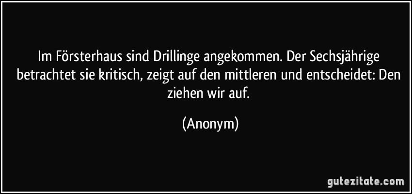 Im Försterhaus sind Drillinge angekommen. Der Sechsjährige betrachtet sie kritisch, zeigt auf den mittleren und entscheidet: Den ziehen wir auf. (Anonym)