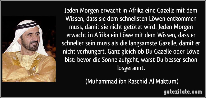 Jeden Morgen erwacht in Afrika eine Gazelle mit dem Wissen, dass sie dem schnellsten Löwen entkommen muss, damit sie nicht getötet wird. Jeden Morgen erwacht in Afrika ein Löwe mit dem Wissen, dass er schneller sein muss als die langsamste Gazelle, damit er nicht verhungert. Ganz gleich ob Du Gazelle oder Löwe bist: bevor die Sonne aufgeht, wärst Du besser schon losgerannt. (Muhammad ibn Raschid Al Maktum)