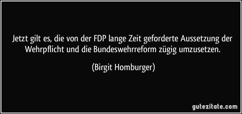 Jetzt gilt es, die von der FDP lange Zeit geforderte Aussetzung der Wehrpflicht und die Bundeswehrreform zügig umzusetzen. (Birgit Homburger)