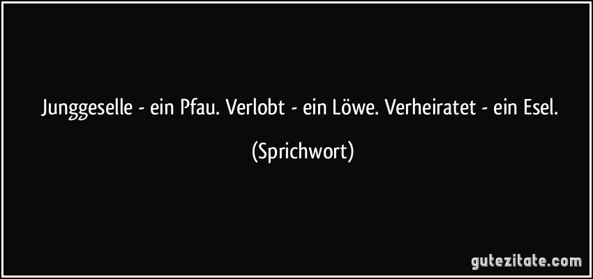 Junggeselle - ein Pfau. Verlobt - ein Löwe. Verheiratet - ein Esel. (Sprichwort)