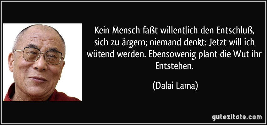 Kein Mensch faßt willentlich den Entschluß, sich zu ärgern; niemand denkt: Jetzt will ich wütend werden. Ebensowenig plant die Wut ihr Entstehen. (Dalai Lama)