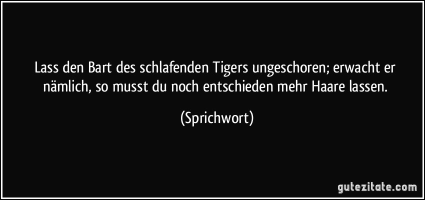 Lass den Bart des schlafenden Tigers ungeschoren; erwacht er nämlich, so musst du noch entschieden mehr Haare lassen. (Sprichwort)