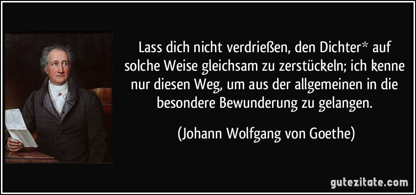 Lass dich nicht verdrießen, den Dichter* auf solche Weise gleichsam zu zerstückeln; ich kenne nur diesen Weg, um aus der allgemeinen in die besondere Bewunderung zu gelangen. (Johann Wolfgang von Goethe)