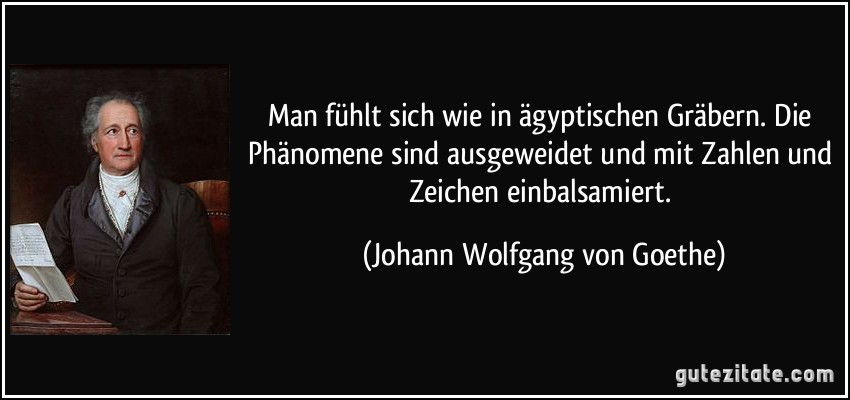 Man fühlt sich wie in ägyptischen Gräbern. Die Phänomene sind ausgeweidet und mit Zahlen und Zeichen einbalsamiert. (Johann Wolfgang von Goethe)