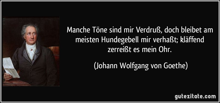 Manche Töne sind mir Verdruß, doch bleibet am meisten Hundegebell mir verhaßt; kläffend zerreißt es mein Ohr. (Johann Wolfgang von Goethe)