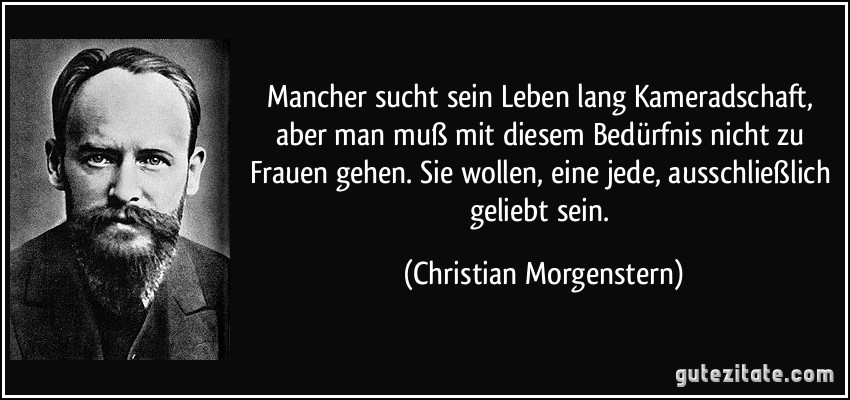 Mancher sucht sein Leben lang Kameradschaft, aber man muß mit diesem Bedürfnis nicht zu Frauen gehen. Sie wollen, eine jede, ausschließlich geliebt sein. (Christian Morgenstern)