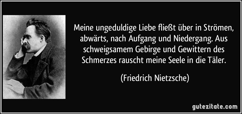 Meine ungeduldige Liebe fließt über in Strömen, abwärts, nach Aufgang und Niedergang. Aus schweigsamem Gebirge und Gewittern des Schmerzes rauscht meine Seele in die Täler. (Friedrich Nietzsche)