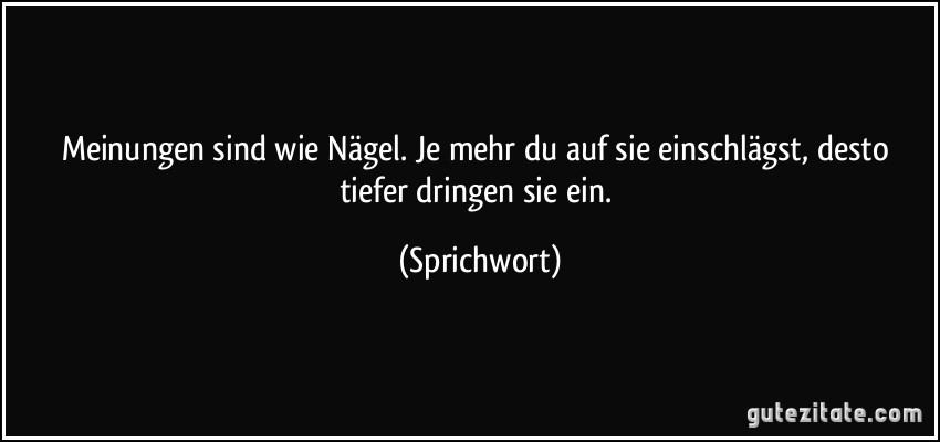 Meinungen sind wie Nägel. Je mehr du auf sie einschlägst, desto tiefer dringen sie ein. (Sprichwort)