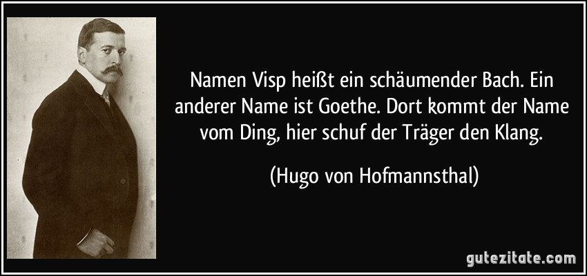Namen Visp heißt ein schäumender Bach. Ein anderer Name ist Goethe. Dort kommt der Name vom Ding, hier schuf der Träger den Klang. (Hugo von Hofmannsthal)