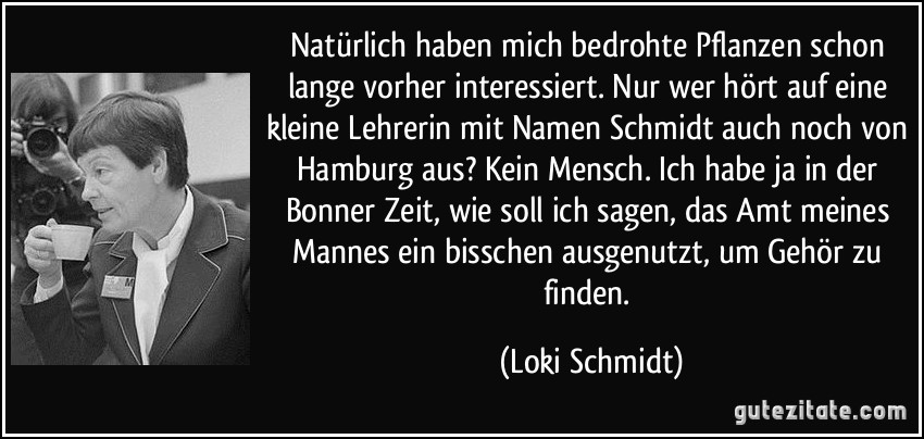 Natürlich haben mich bedrohte Pflanzen schon lange vorher interessiert. Nur wer hört auf eine kleine Lehrerin mit Namen Schmidt auch noch von Hamburg aus? Kein Mensch. Ich habe ja in der Bonner Zeit, wie soll ich sagen, das Amt meines Mannes ein bisschen ausgenutzt, um Gehör zu finden. (Loki Schmidt)