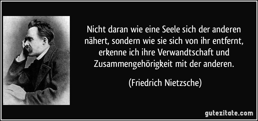 Nicht daran wie eine Seele sich der anderen nähert, sondern wie sie sich von ihr entfernt, erkenne ich ihre Verwandtschaft und Zusammengehörigkeit mit der anderen. (Friedrich Nietzsche)