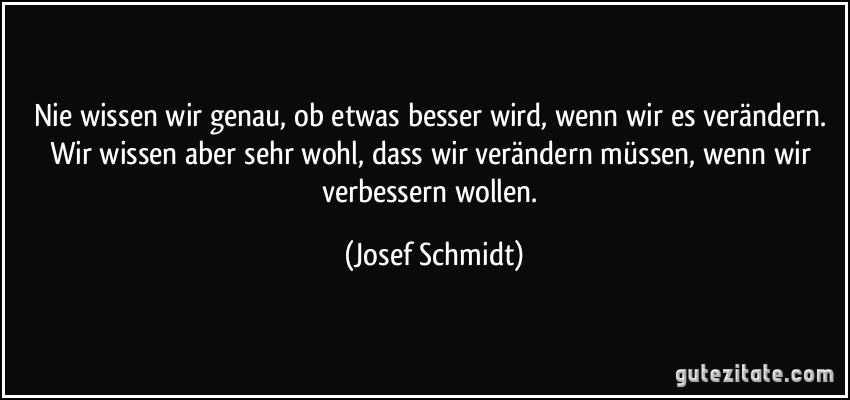 Nie wissen wir genau, ob etwas besser wird, wenn wir es verändern. Wir wissen aber sehr wohl, dass wir verändern müssen, wenn wir verbessern wollen. (Josef Schmidt)