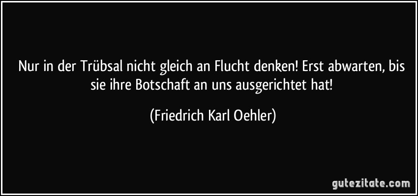 Nur in der Trübsal nicht gleich an Flucht denken! Erst abwarten, bis sie ihre Botschaft an uns ausgerichtet hat! (Friedrich Karl Oehler)