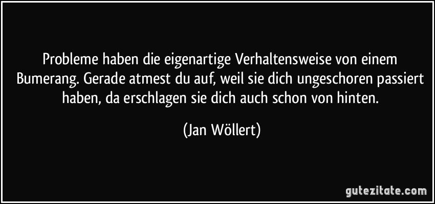 Probleme haben die eigenartige Verhaltensweise von einem Bumerang. Gerade atmest du auf, weil sie dich ungeschoren passiert haben, da erschlagen sie dich auch schon von hinten. (Jan Wöllert)