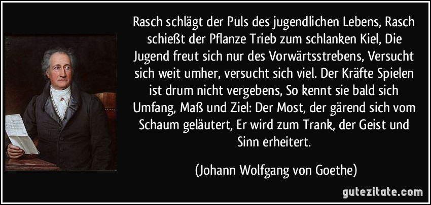 Rasch schlägt der Puls des jugendlichen Lebens, / Rasch schießt der Pflanze Trieb zum schlanken Kiel, / Die Jugend freut sich nur des Vorwärtsstrebens, / Versucht sich weit umher, versucht sich viel. / Der Kräfte Spielen ist drum nicht vergebens, / So kennt sie bald sich Umfang, Maß und Ziel: / Der Most, der gärend sich vom Schaum geläutert, / Er wird zum Trank, der Geist und Sinn erheitert. (Johann Wolfgang von Goethe)