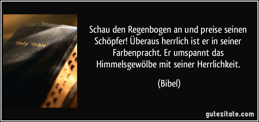 Schau den Regenbogen an und preise seinen Schöpfer! Überaus herrlich ist er in seiner Farbenpracht. Er umspannt das Himmelsgewölbe mit seiner Herrlichkeit. (Bibel)