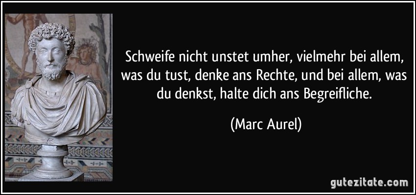 Schweife nicht unstet umher, vielmehr bei allem, was du tust, denke ans Rechte, und bei allem, was du denkst, halte dich ans Begreifliche. (Marc Aurel)